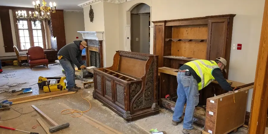 A hotel room mid-refurbishment with old furniture removed and walls prepped for new items