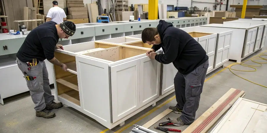 A contractor looking frustrated while trying to assemble a difficult RTA cabinet