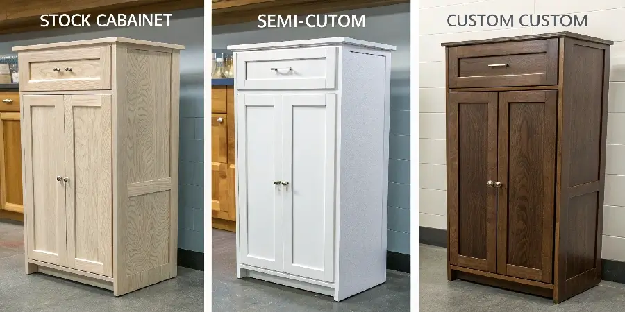An image showing a stock, a semi-custom, and a fully custom cabinet side by side