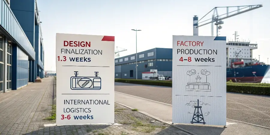 An infographic breaking down the furniture import process into three stages: Design, Production, and Shipping