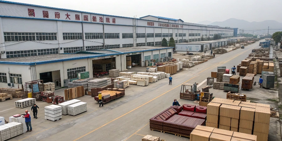 A bustling Foshan furniture market showroom with international buyers